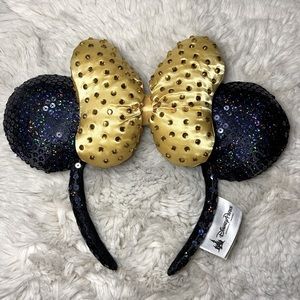 ✨RARE Black Holographic Gold Rhinestones Minnie Mouse Ears
